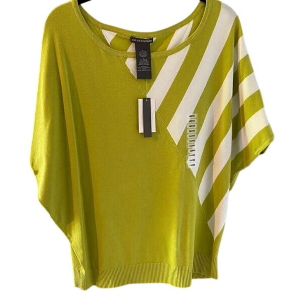 Chelsea & Theodore Green &‎ White Striped Dolman Sleeve Knit Top Women's Large